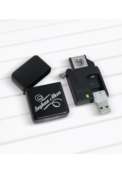 Kişiye Özel Isimli Police USB Şarjlı Siyah Elektrikli Çakmak