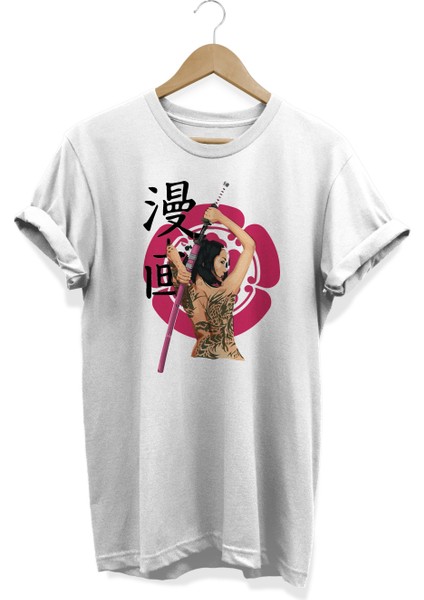 Geisha Japon Kız Katana Baskılı Oversize Pamuklu T-Shirt