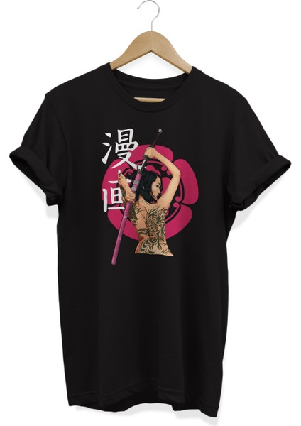 Geisha Japon Kız Katana Baskılı Oversize Pamuklu T-Shirt