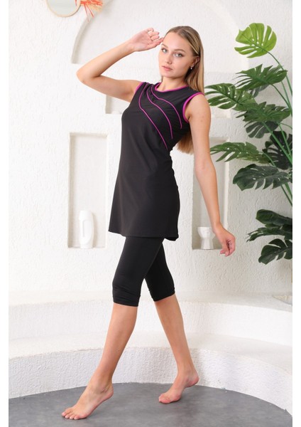 Deniz Mayo Likralı Şeritli Kolsuz Tesettür Mayo Kolsuz