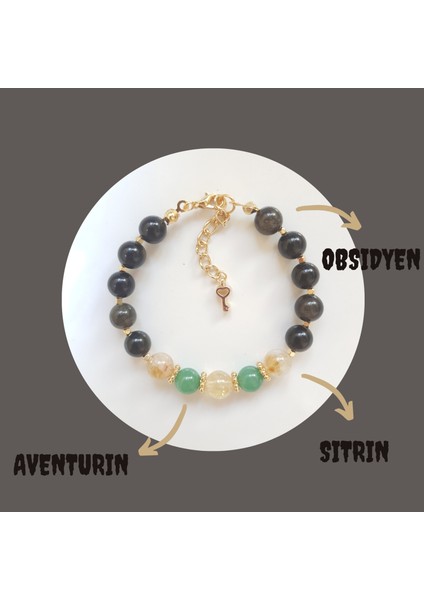 Doğal Taş Solar Plexus Çakrası Kadın Bileklik Aventurin Obsidyen Sitrin