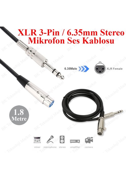 Xlr 3-Pin Dişi 6.35MM Stereo Fiş Korumalı Mikrofon Ses Kablosu-1.8metre