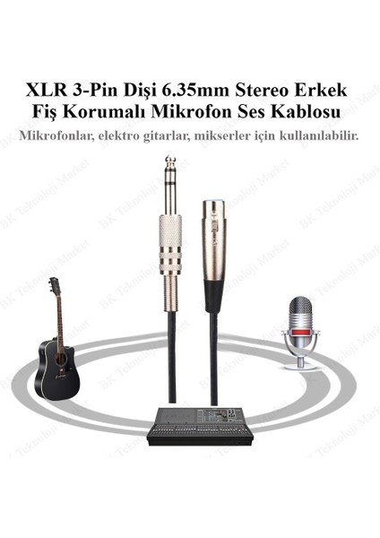 Xlr 3-Pin Dişi 6.35MM Stereo Fiş Korumalı Mikrofon Ses Kablosu-1.8metre