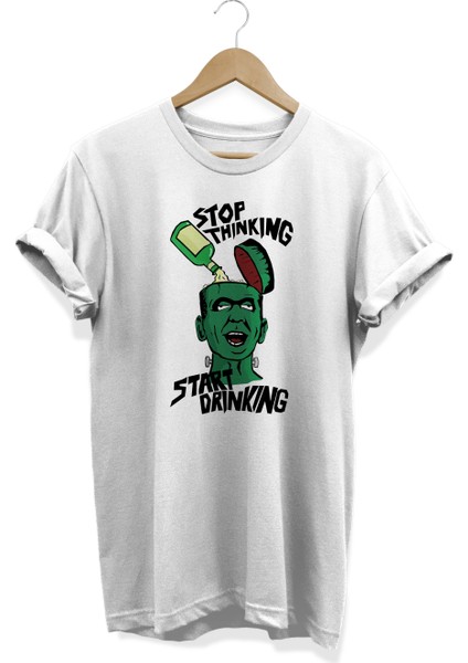 Stop Thinking Start Drinking Frankesntein Baskılı Beyaz Oversize T-Shirt