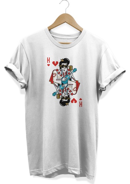 King Elvis Presley Iskambil Serisi Baskılı Beyaz Oversize Tişört