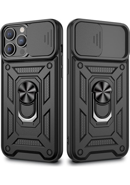 Apple iPhone 13 Pro Max Kılıf Tank Aramid Sürgülü Vega Yüzüklü+Nano Siyah