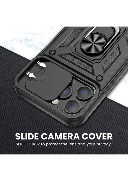 Apple iPhone 13 Pro Max Kılıf Tank Aramid Sürgülü Vega Yüzüklü+Nano Siyah