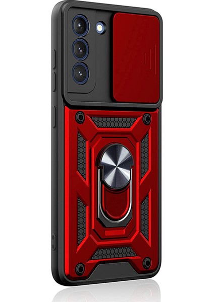 Samsung Galaxy S21 Fe Kılıf Tank Aramid Sürgülü Vega Yüzüklü+Nano Kırmızı