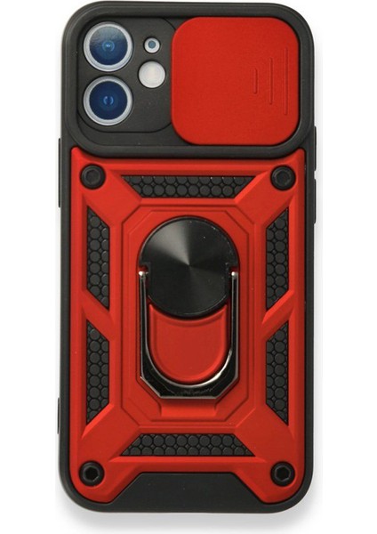 Apple iPhone 11 Kılıf Tank Aramid Sürgülü Vega Yüzüklü+Nano Kırmızı