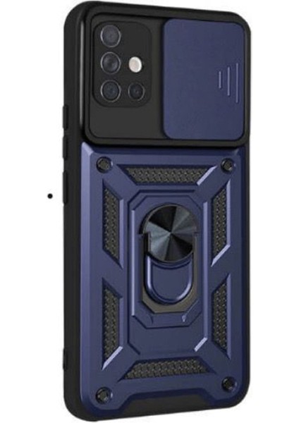 Samsung Galaxy A51 Kılıf Tank Aramid Sürgülü Vega Yüzüklü+Nano Lacivert