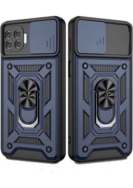 Oppo Reno 4 Lite Kılıf Tank Aramid Sürgülü Vega Yüzüklü+Nano Lacivert