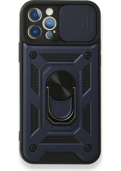 Apple iPhone 12 Pro Max Kılıf Tank Aramid Sürgülü Vega Yüzüklü+Nano Lacivert