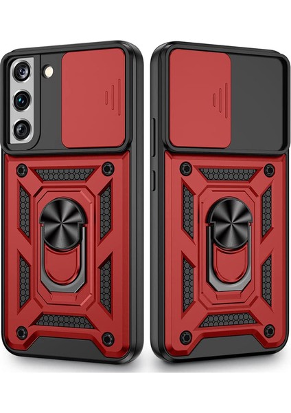 Samsung Galaxy S22 Kılıf Tank Aramid Sürgülü Vega Yüzüklü+Nano Kırmızı