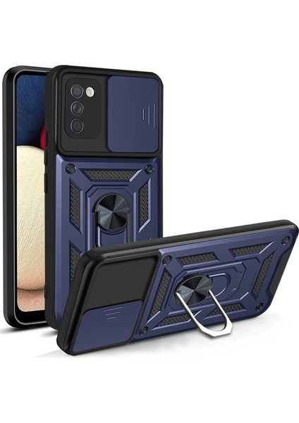 Samsung Galaxy A03S Kılıf Tank Aramid Sürgülü Vega Yüzüklü+Nano Lacivert