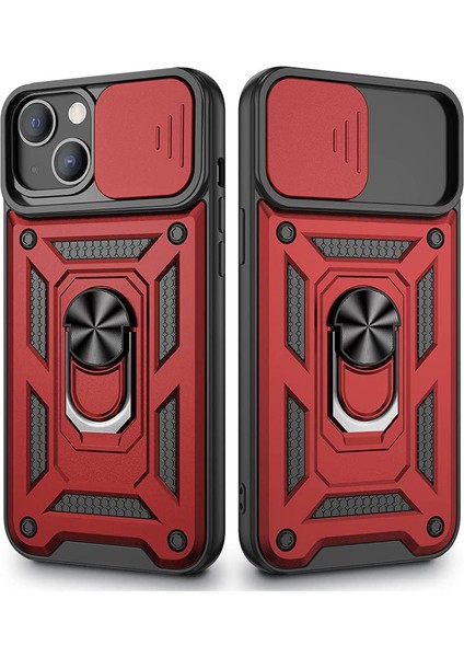 Apple iPhone 13 Kılıf Tank Aramid Sürgülü Vega Yüzüklü+Nano Kırmızı