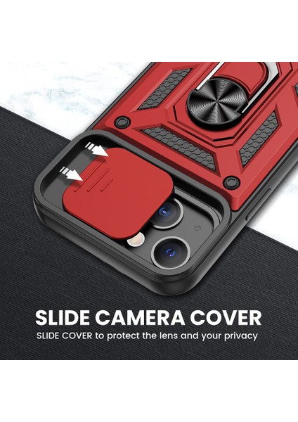 Apple iPhone 13 Kılıf Tank Aramid Sürgülü Vega Yüzüklü+Nano Kırmızı