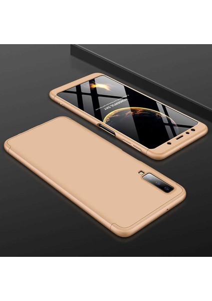 Samsung Galaxy A7 2018 Kılıf Ays 3 Parçalı Önü Açık Sert Rubber Koruma Gold