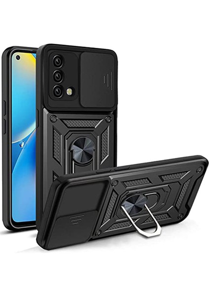 Oppo A74 4g Kılıf Tank Aramid Sürgülü Vega Yüzüklü+Nano Siyah