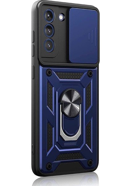 Samsung Galaxy S21 Fe Kılıf Tank Aramid Sürgülü Vega Yüzüklü+Nano Lacivert