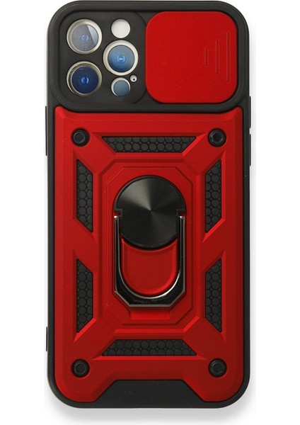 Apple iPhone 12 Pro Max Kılıf Tank Aramid Sürgülü Vega Yüzüklü+Nano Kırmızı