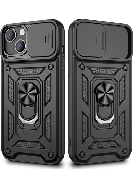 Apple iPhone 13 Kılıf Tank Aramid Sürgülü Vega Yüzüklü+Nano Siyah