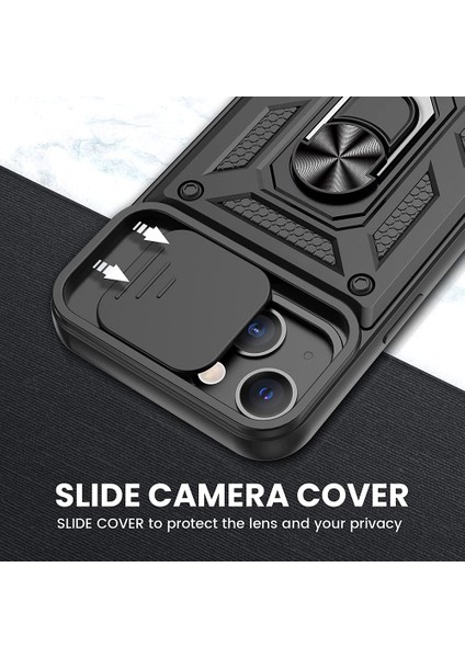 Apple iPhone 13 Kılıf Tank Aramid Sürgülü Vega Yüzüklü+Nano Siyah modelleri