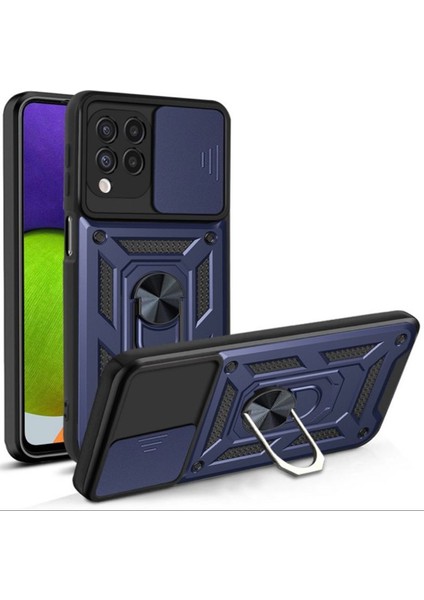 Samsung Galaxy A22 4g Kılıf Tank Aramid Sürgülü Vega Yüzüklü+Nano Lacivert