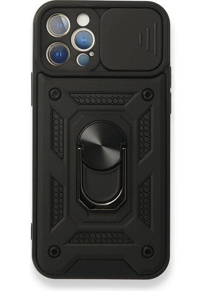 Apple iPhone 12 Pro Kılıf Tank Aramid Sürgülü Vega Yüzüklü+Nano Siyah