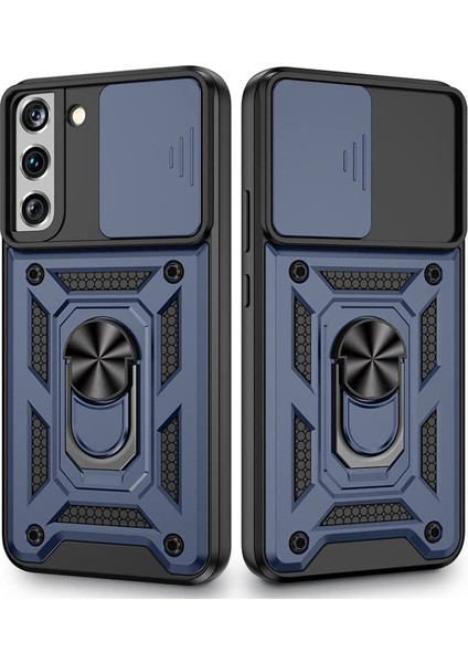 Samsung Galaxy S22 Kılıf Tank Aramid Sürgülü Vega Yüzüklü+Nano Lacivert