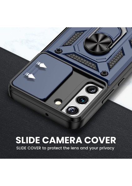 Samsung Galaxy S22 Kılıf Tank Aramid Sürgülü Vega Yüzüklü+Nano Lacivert modelleri