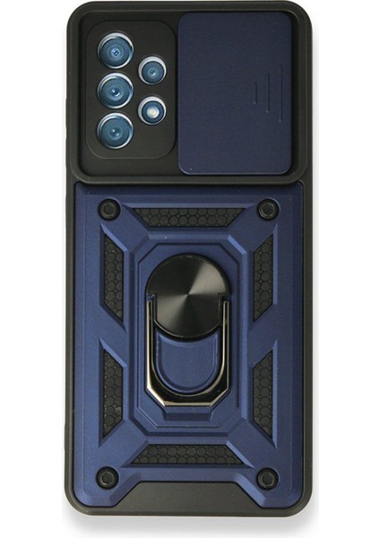 Samsung Galaxy A72 Kılıf Tank Aramid Sürgülü Vega Yüzüklü+Nano Lacivert