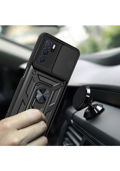Oppo A54 4g Kılıf Tank Aramid Sürgülü Vega Yüzüklü+Nano Siyah
