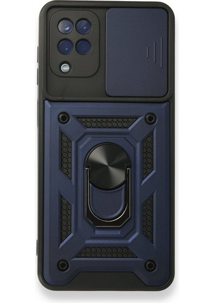 Samsung Galaxy M12 Kılıf Tank Aramid Sürgülü Vega Yüzüklü+Nano Lacivert