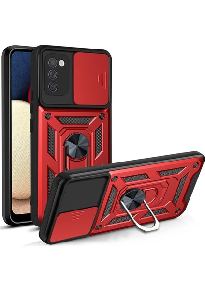 Samsung Galaxy A03S Kılıf Tank Aramid Sürgülü Vega Yüzüklü+Nano Kırmızı