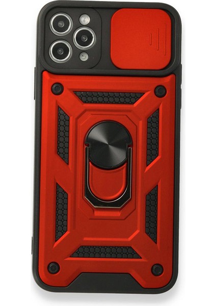 Apple iPhone 11 Pro Max Kılıf Tank Aramid Sürgülü Vega Yüzüklü+Nano Kırmızı
