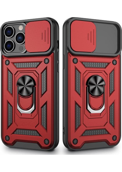 Apple iPhone 13 Pro Max Kılıf Tank Aramid Sürgülü Vega Yüzüklü+Nano Kırmızı