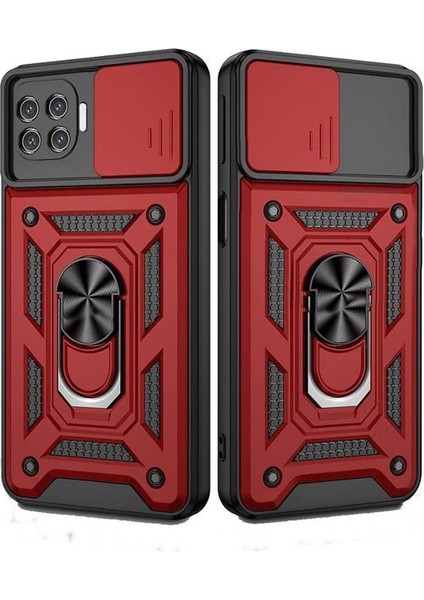 Oppo Reno 4 Lite Kılıf Tank Aramid Sürgülü Vega Yüzüklü+Nano Kırmızı