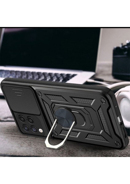 Oppo Reno 4 Lite Kılıf Tank Aramid Sürgülü Vega Yüzüklü+Nano Kırmızı