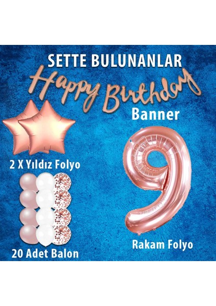 Rose Gold Konsept 9 Yaş Doğum Günü Kutlama Seti; Beyaz Gold Konfetili Balon, Rakam Yıldız Folyo ve Banner fiyatları