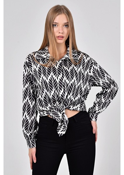 Yaprak Desenli Gömlek Yaka Manşetli Baskılı Saten Siyah Kadın Gömlek