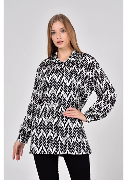 Yaprak Desenli Gömlek Yaka Manşetli Baskılı Saten Siyah Kadın Gömlek fiyatları