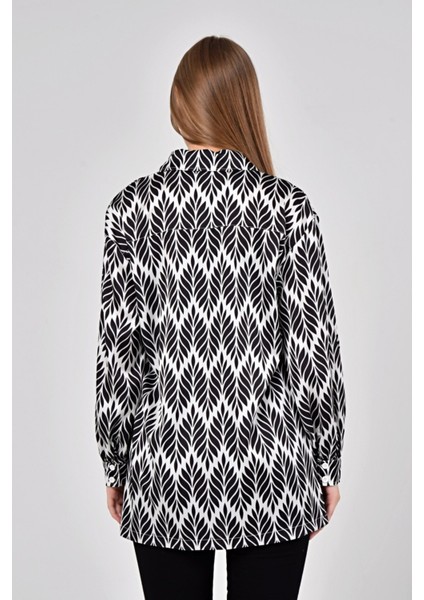 Yaprak Desenli Gömlek Yaka Manşetli Baskılı Saten Siyah Kadın Gömlek modelleri