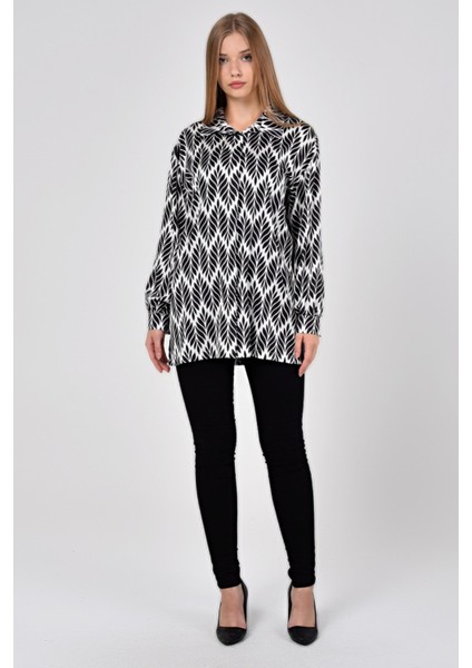 Yaprak Desenli Gömlek Yaka Manşetli Baskılı Saten Siyah Kadın Gömlek fırsatları