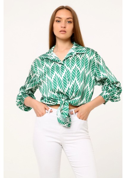 Yaprak Desenli Gömlek Yaka Manşetli Baskılı Saten Yeşil Kadın Gömlek
