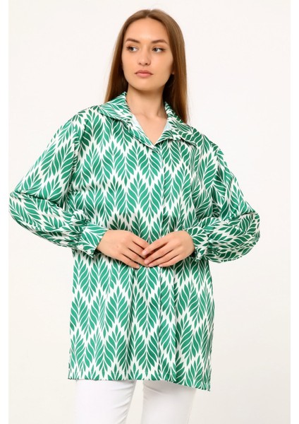 Yaprak Desenli Gömlek Yaka Manşetli Baskılı Saten Yeşil Kadın Gömlek fiyatları