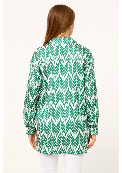 Yaprak Desenli Gömlek Yaka Manşetli Baskılı Saten Yeşil Kadın Gömlek modelleri