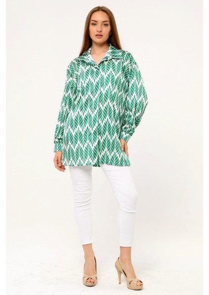Yaprak Desenli Gömlek Yaka Manşetli Baskılı Saten Yeşil Kadın Gömlek fırsatları