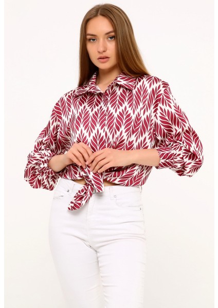 Yaprak Desenli Gömlek Yaka Manşetli Baskılı Saten Bordo Kadın Gömlek