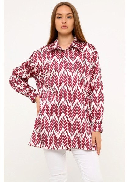 Yaprak Desenli Gömlek Yaka Manşetli Baskılı Saten Bordo Kadın Gömlek fiyatları