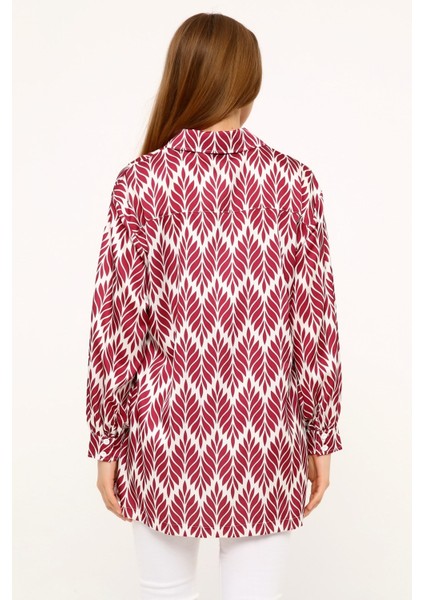 Yaprak Desenli Gömlek Yaka Manşetli Baskılı Saten Bordo Kadın Gömlek modelleri